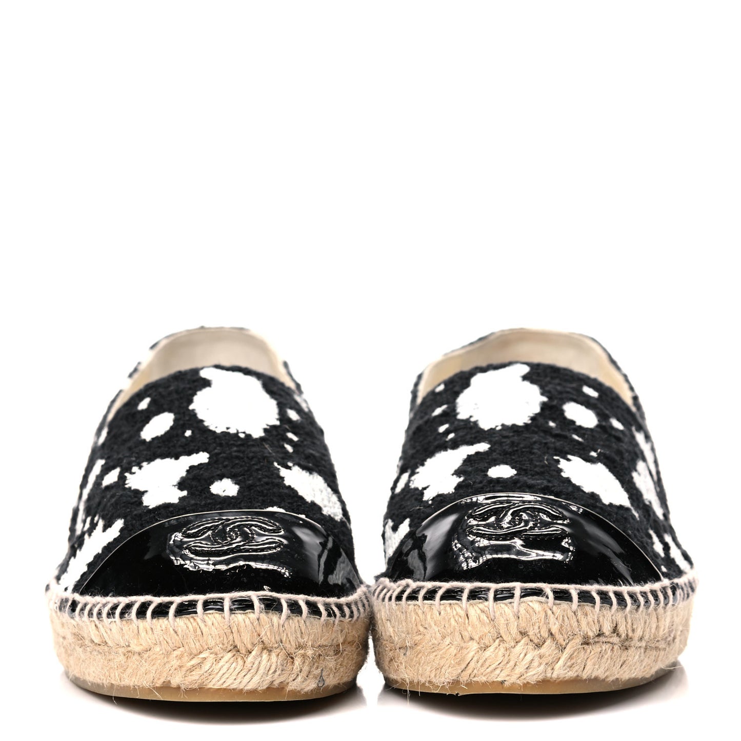 Patent Tweed Splatter Paint Print Cap Toe CC Espadrilles 41 Black White