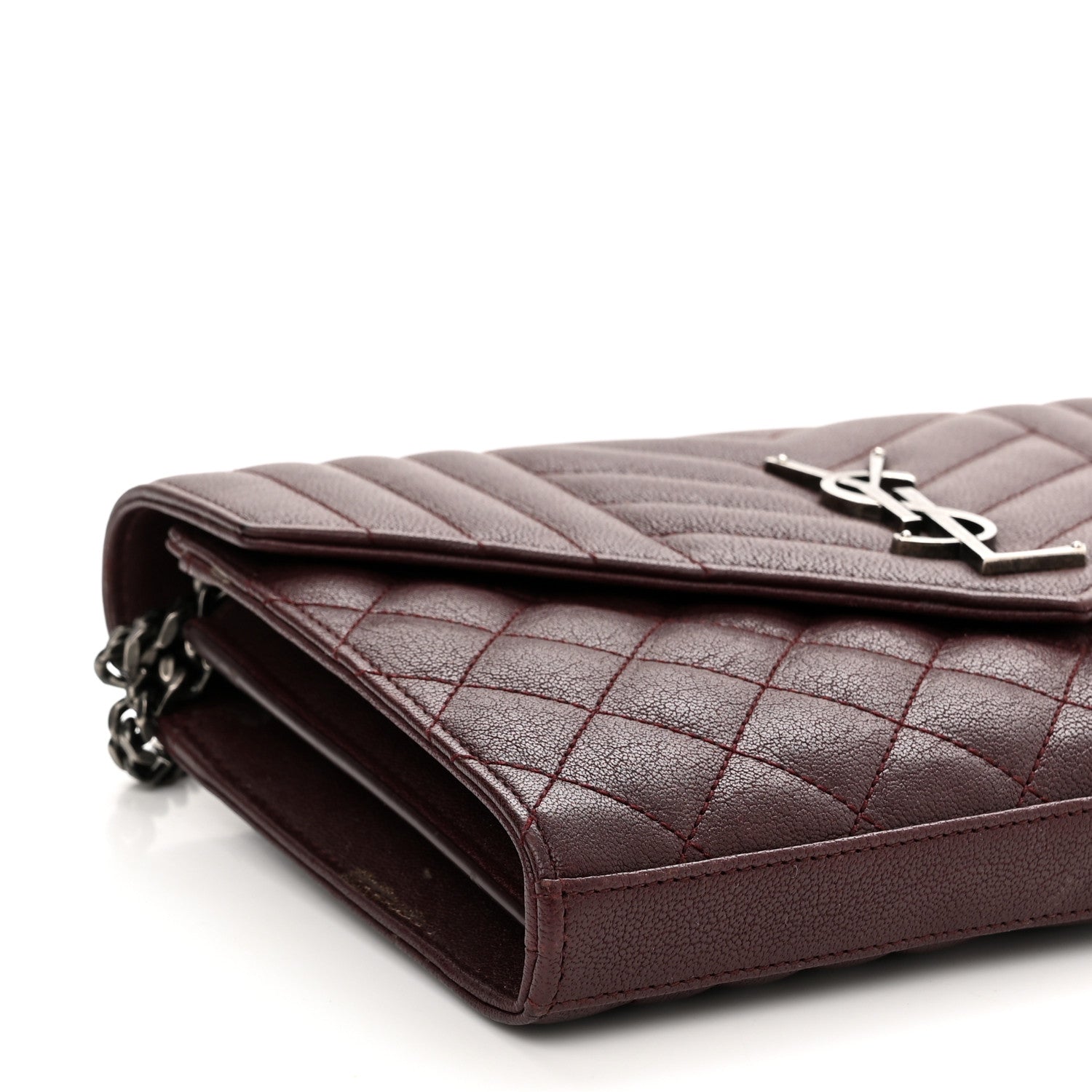 Saint Laurent Sheepskin Tri-Quilt Monogram Envelope Chain Wallet Burgundy 9 of 12