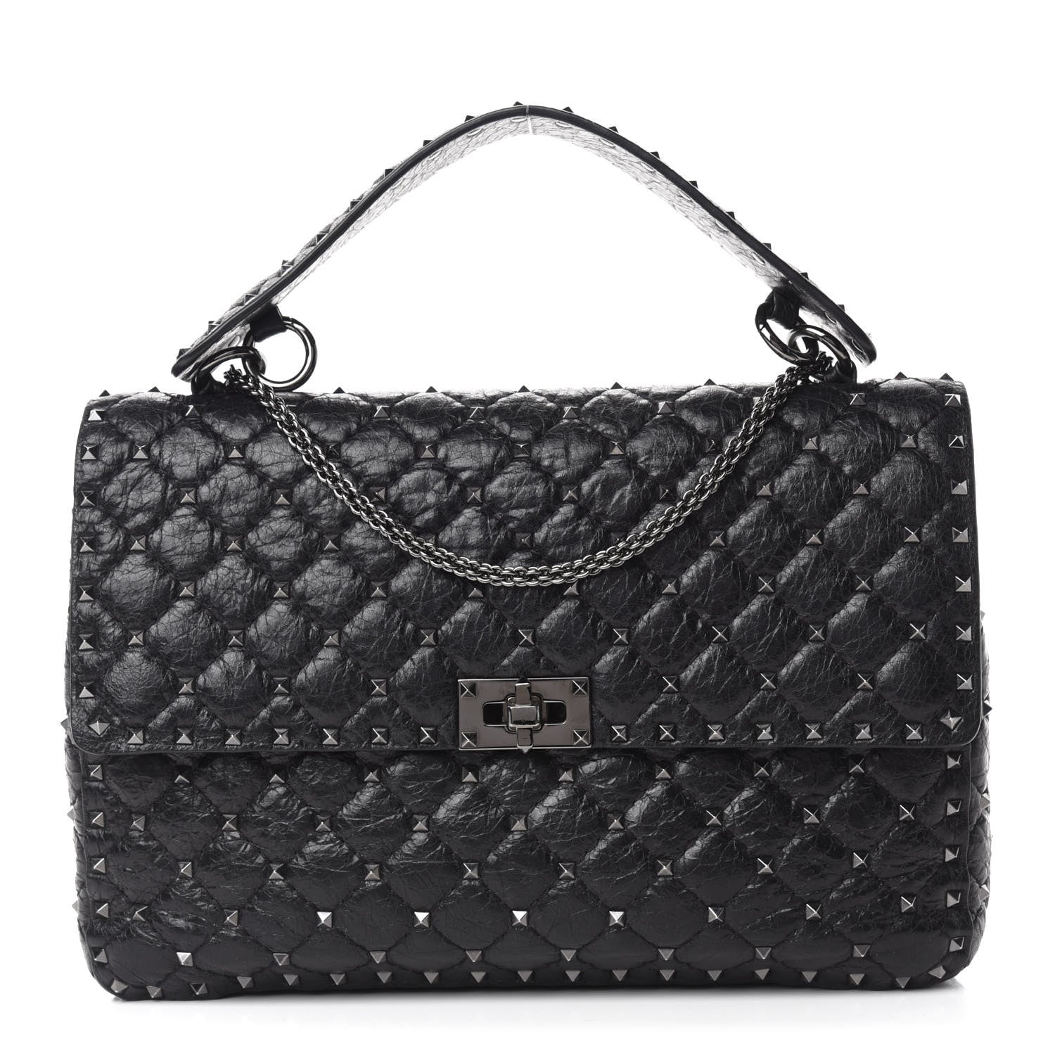 Valentino Garavani Craquele Nappa Large Rockstud Spike Shoulder Bag Black 1 of 9