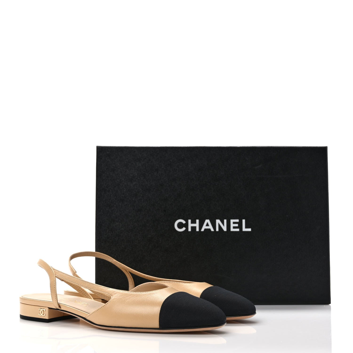 Chanel Goatskin Grosgrain Cap Toe CC Slingback Pumps 37.5 Beige Black 8 of 8
