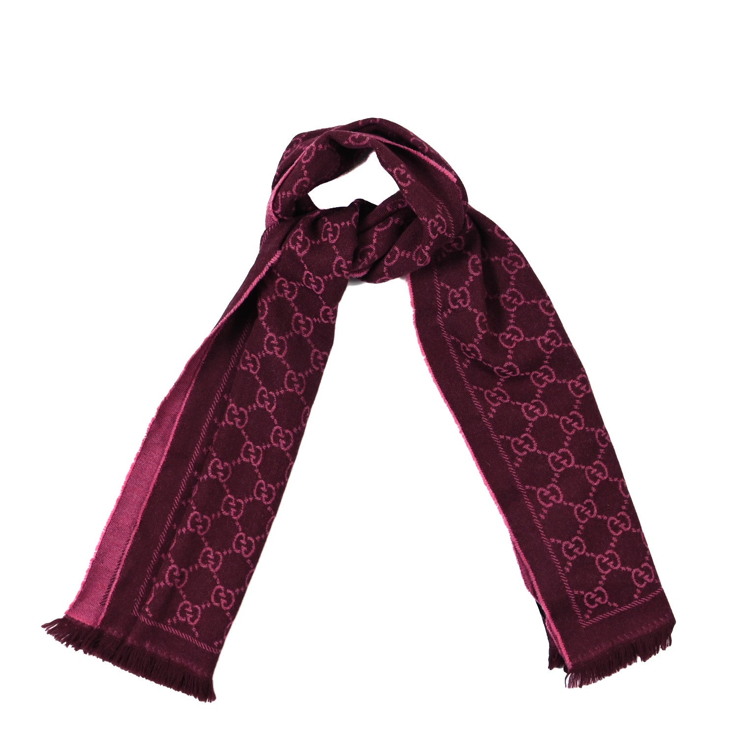 Gucci Wool Jacquard GG Monogram Sten Fringe Scarf Magenta Bordeaux 1 of 3