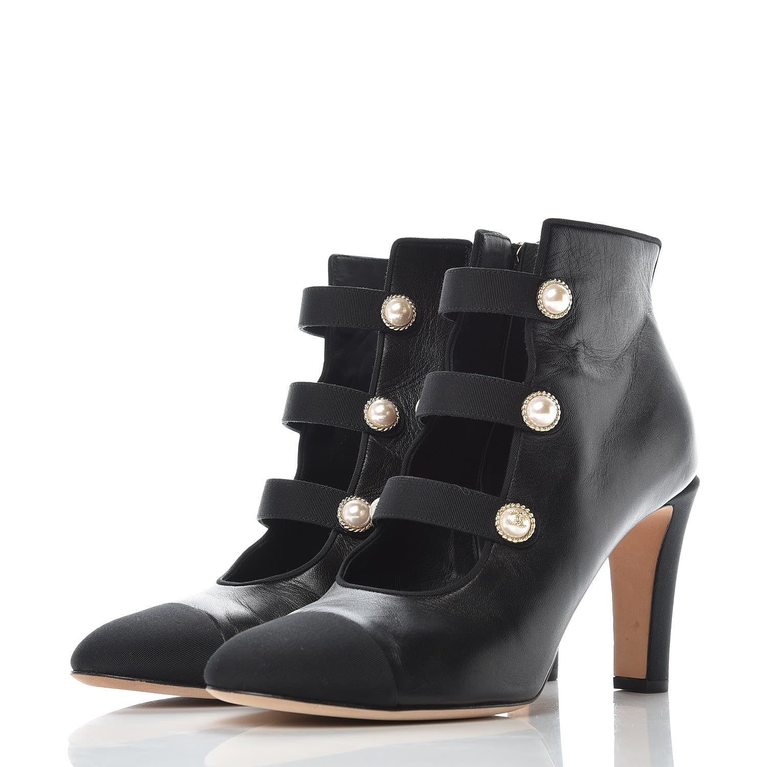 Chanel Lambskin Grosgrain Cap Toe Pearl Ankle Boots 40 Black 3 of 11