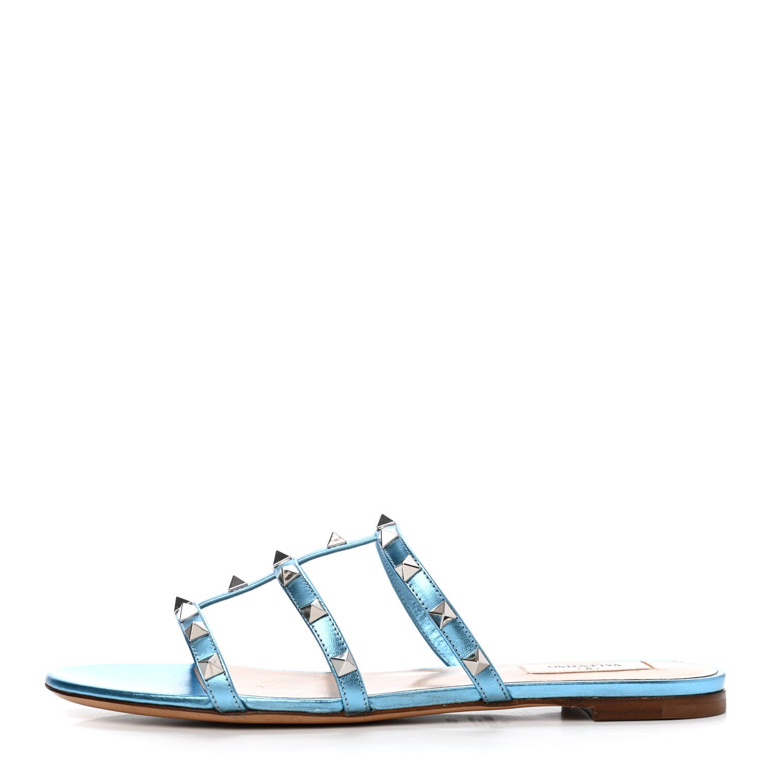 Valentino Garavani Metallic Nappa Rockstud Caged Flat Slide Sandals 39.5 Cerulean 1 of 4