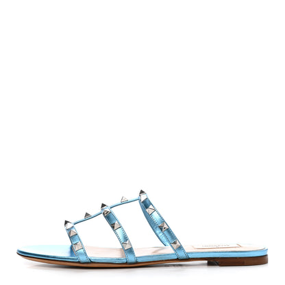 Valentino Garavani Metallic Nappa Rockstud Caged Flat Slide Sandals 39.5 Cerulean 1 of 4