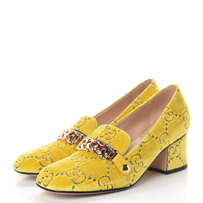 Gucci Velvet GG Monogram Sylvie Web Chain Mid Heel Loafers 37.5 Sunny Beige 3 of 11