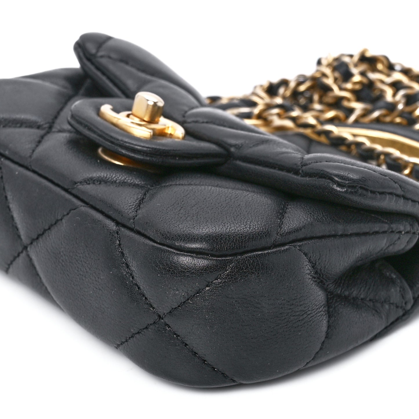 Calfskin Quilted Lady Handle Flap Card Holder With Chain Black