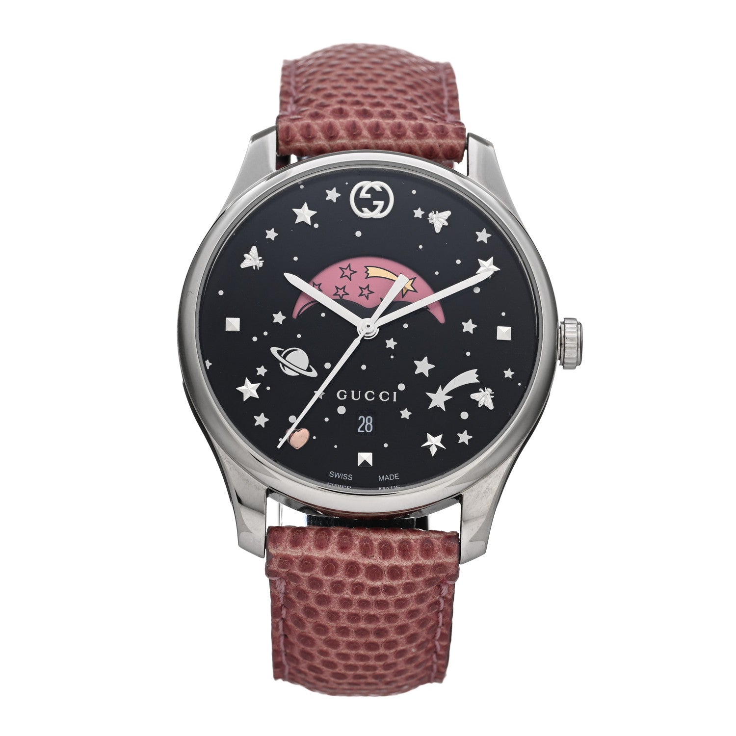 Gucci Stainless Steel Lizard 38mm G-Timeless Moonphase Star Planet Quartz Watch Black 1 of 5