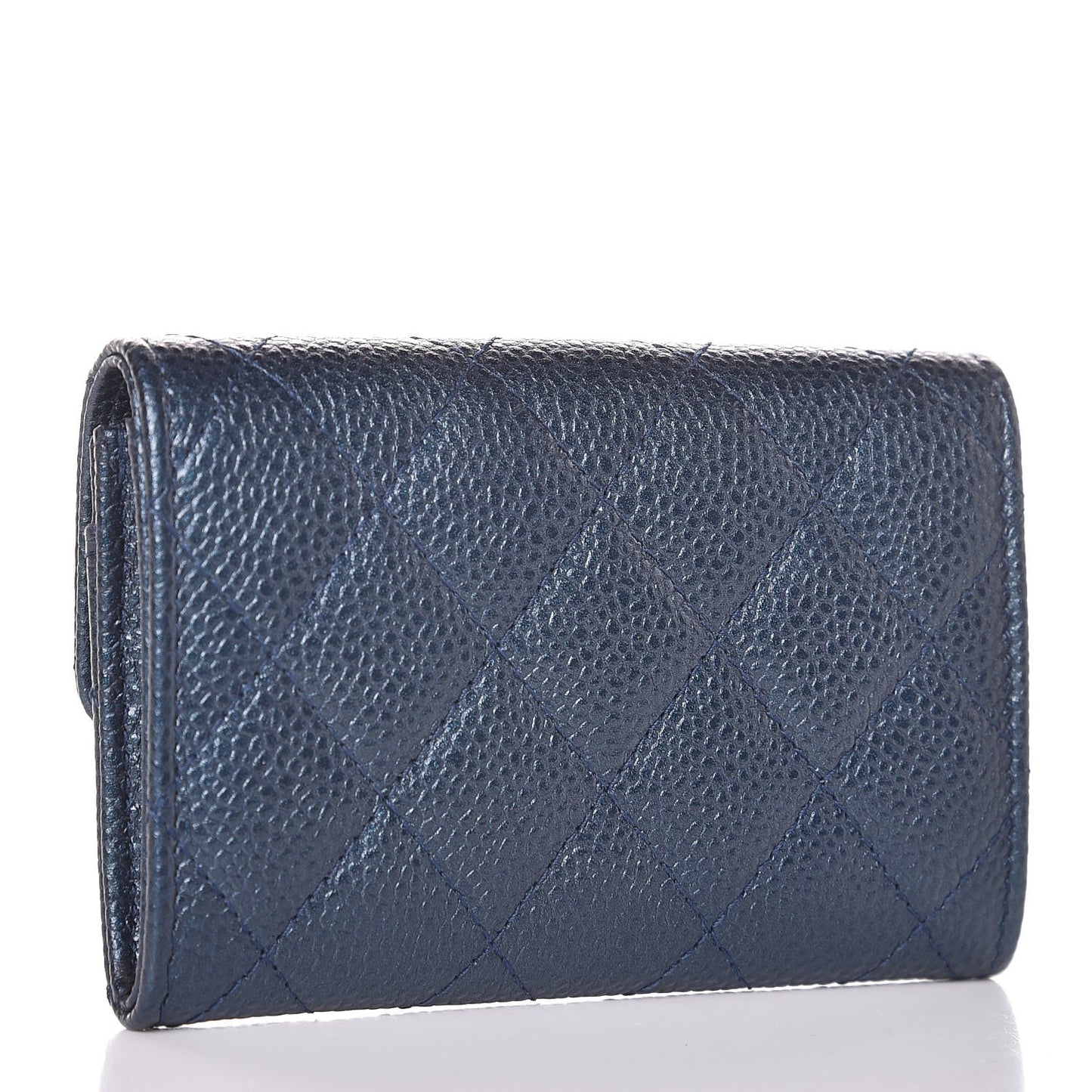 Metallic Caviar Quilted Flap Card Holder Dark Blue