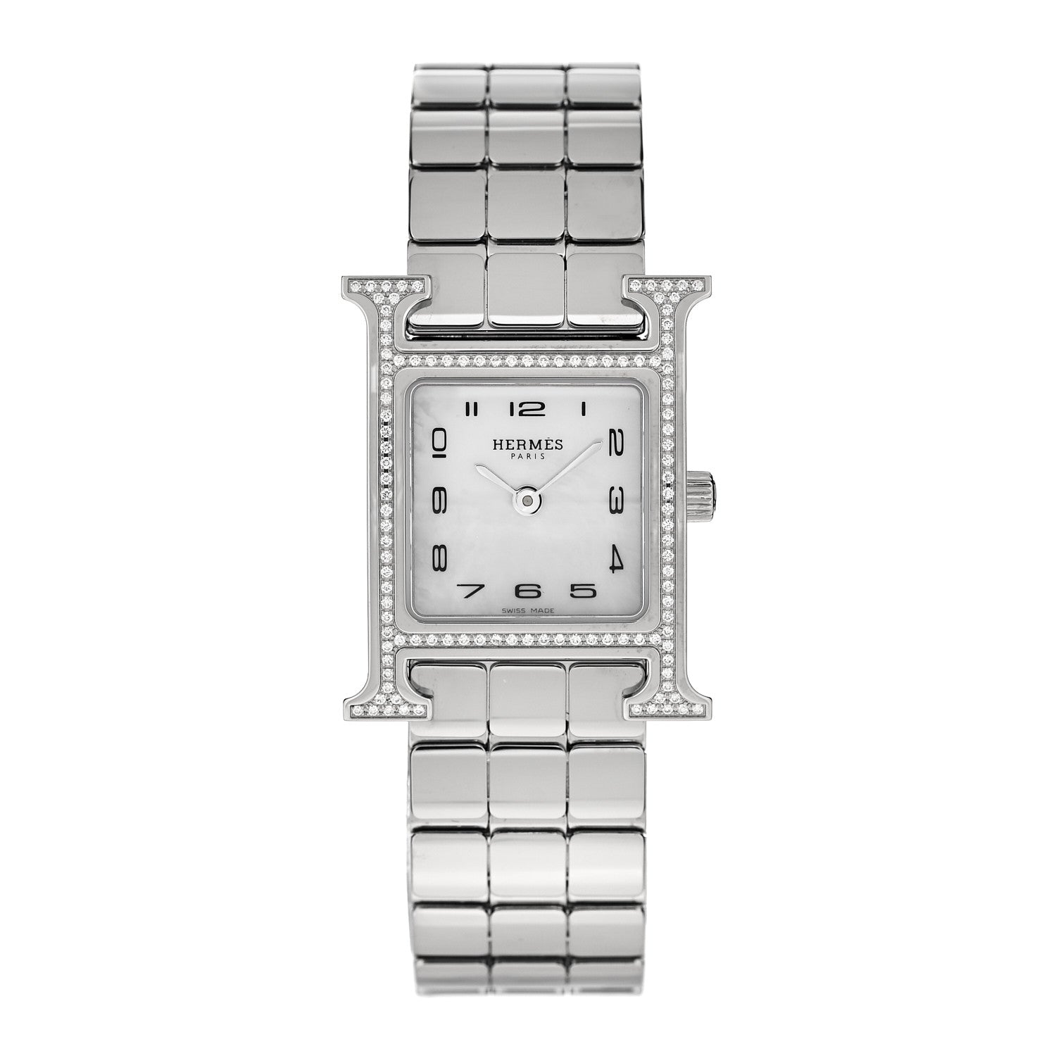 Hermes Stainless Steel Diamond Bezel Mother of Pearl 21mm Heure H Hour Quartz Watch 1 of 5