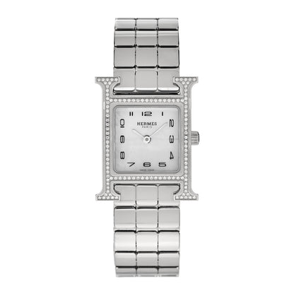 Hermes Stainless Steel Diamond Bezel Mother of Pearl 21mm Heure H Hour Quartz Watch 1 of 5