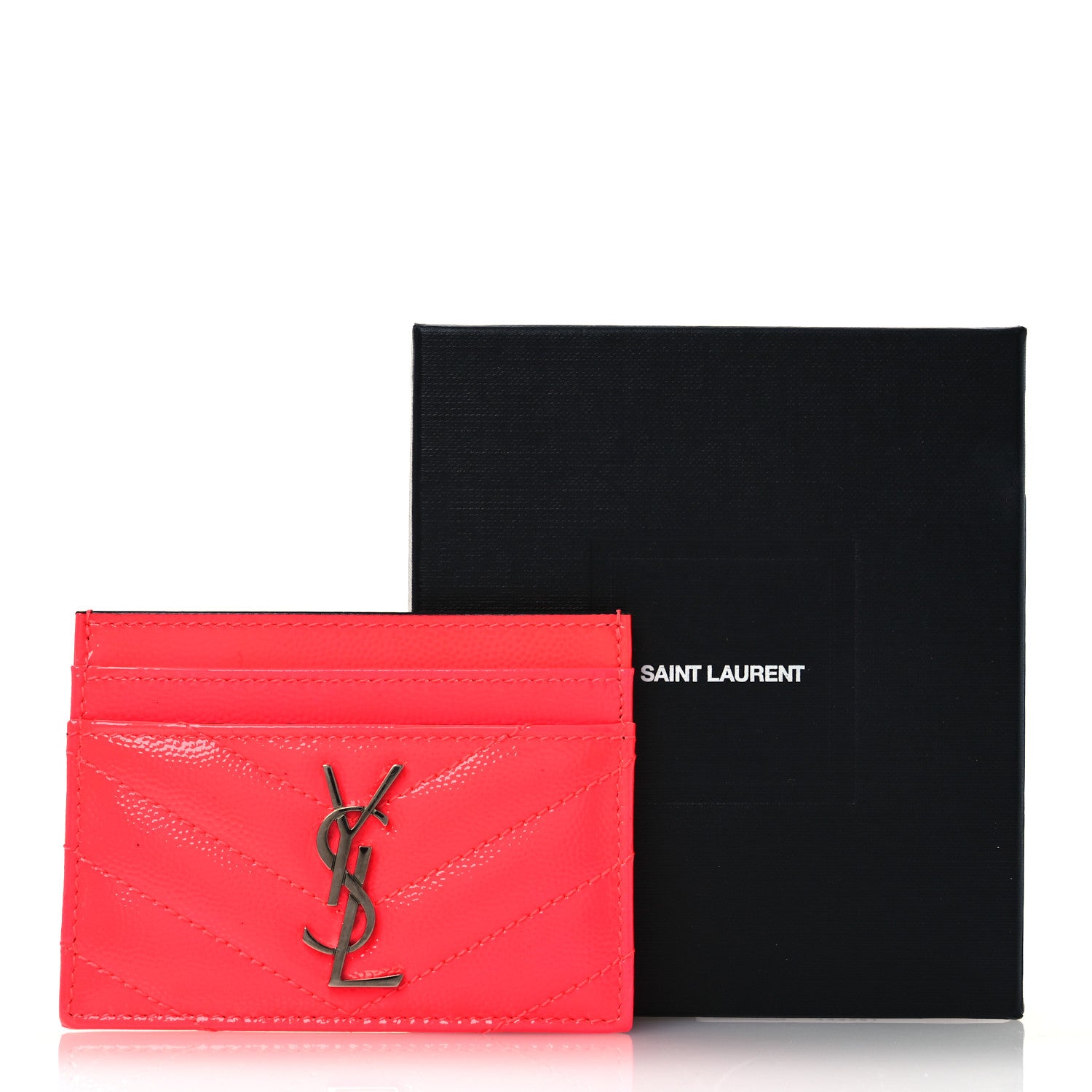 Saint Laurent Patent Grain De Poudre Matelasse Chevron Monogram Credit Card Case Neon Pink 9 of 9