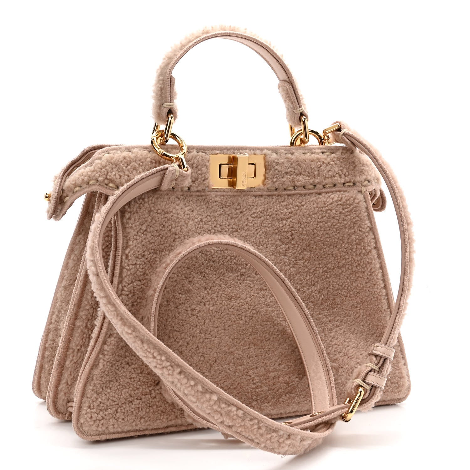 Fendi Curly Shearling Shiny Nappa Small Peekaboo I SEE U Satchel Rosa Plaster 3 of 9