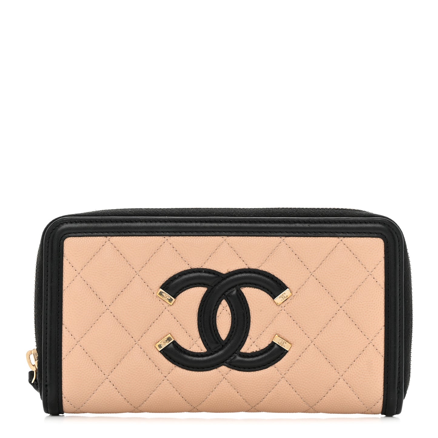 Caviar Quilted Filigree Zip Around Wallet Beige Black