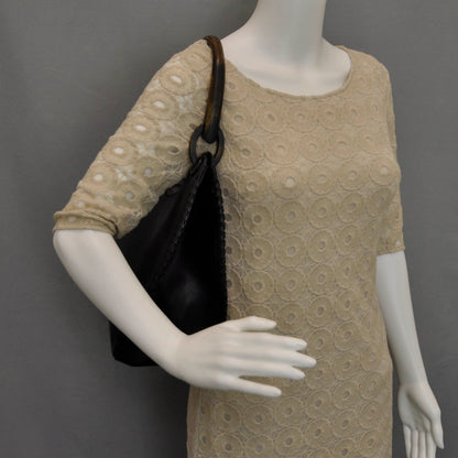 Gucci Leather Whipstitch Wooden Handle Shoulder Bag Black 2 of 9