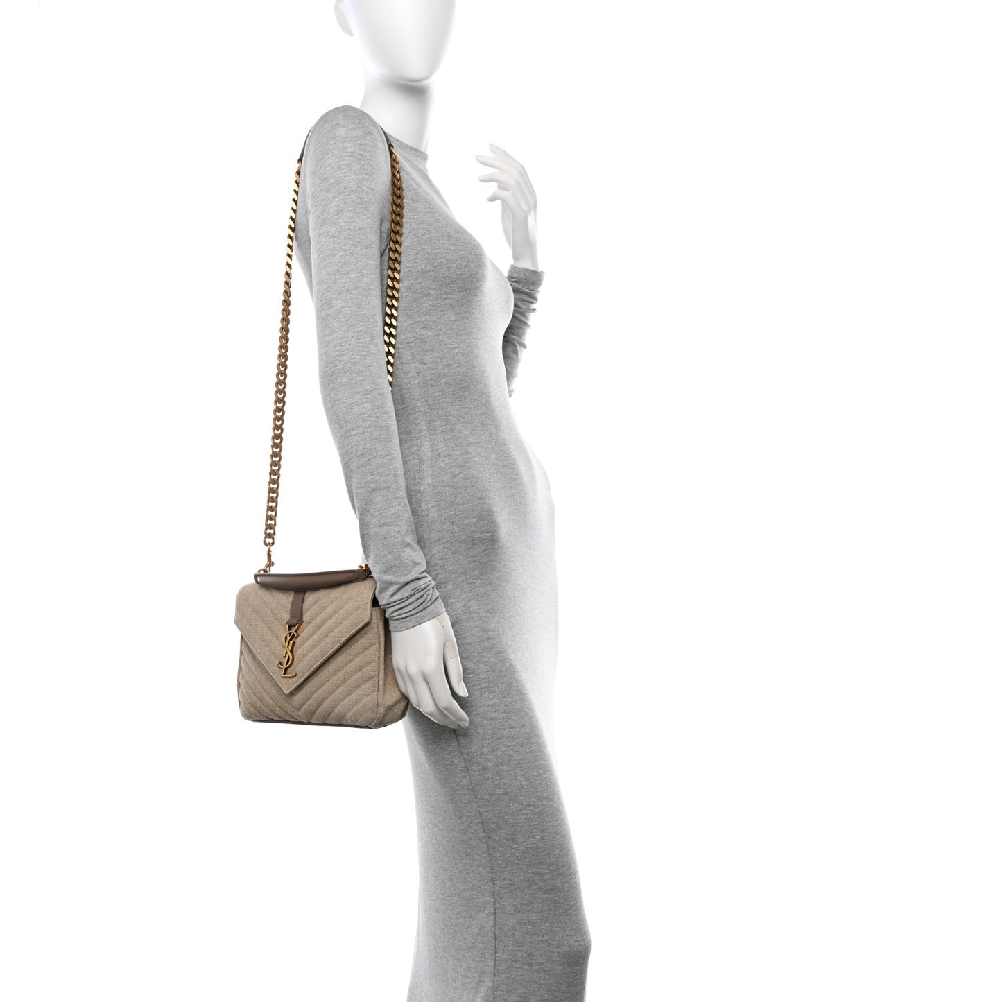 Linen Quilted College Medium Chain Bag Taupe