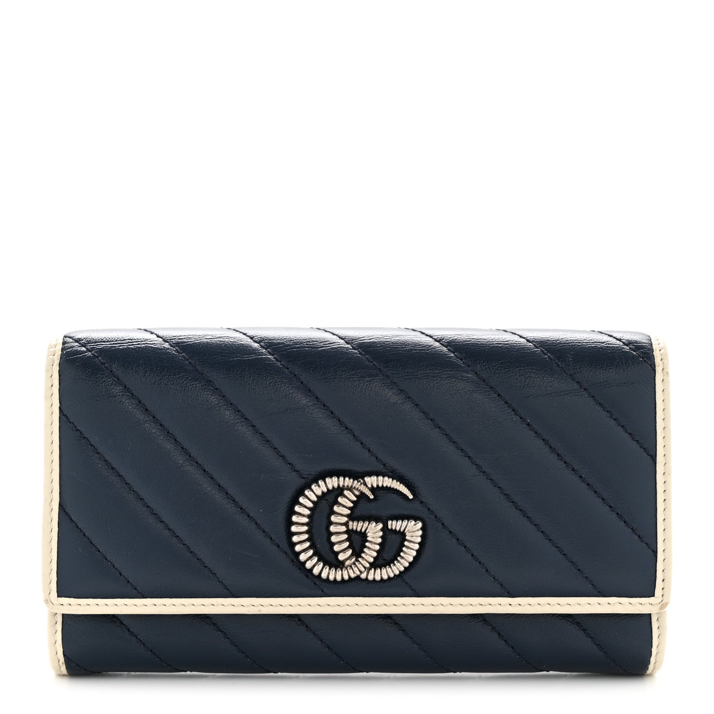 Vintage Effect Calfskin Matelasse Diagonal Torchon GG Marmont Continental Wallet Blue Agata Mystic White