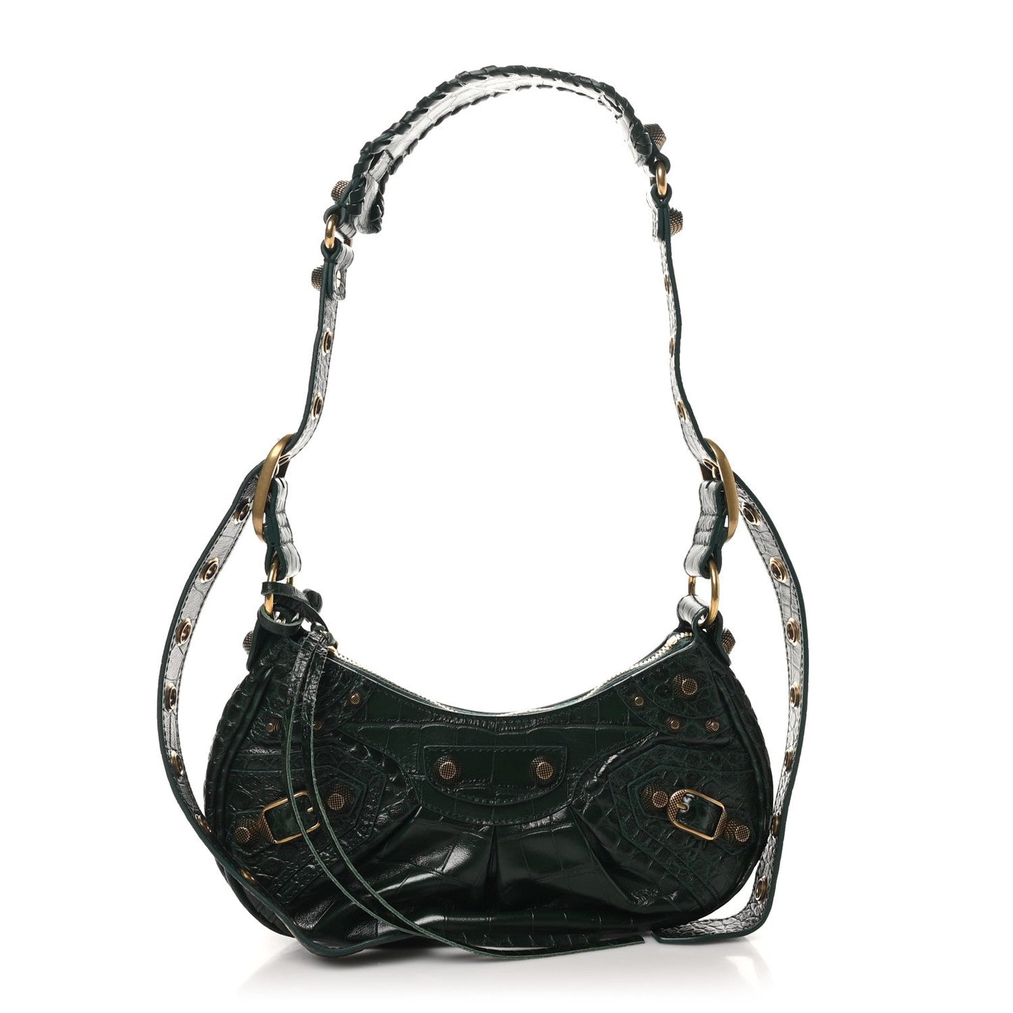 Extra Supple Calfskin Crocodile Embossed Le Cagole Shoulder Bag XS Forest Green