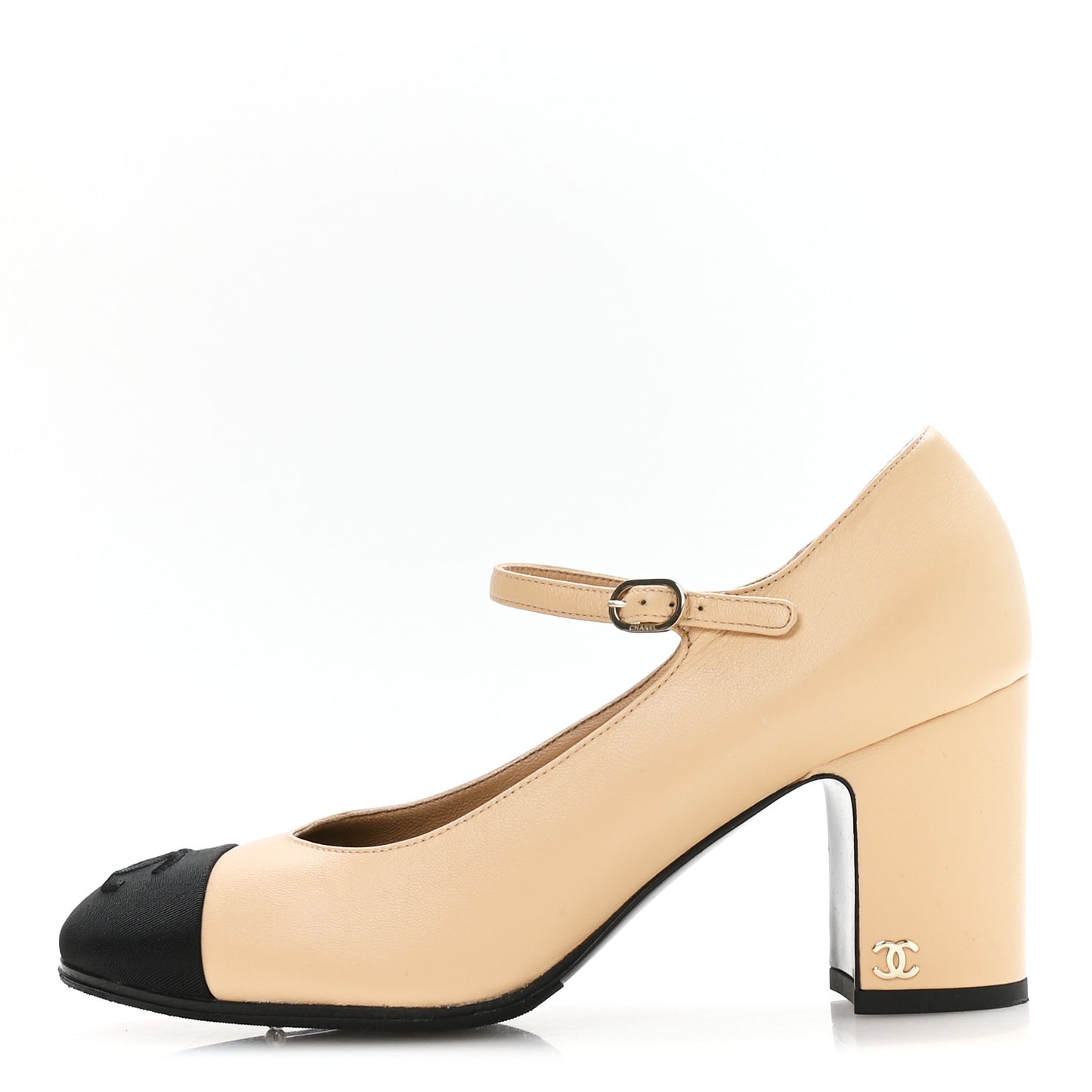 Lambskin Cap Toe Mary Jane Mid Heel Strap Pumps 38 Beige Black