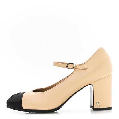 Chanel Lambskin Cap Toe Mary Jane Mid Heel Strap Pumps 38 Beige Black 1 of 7