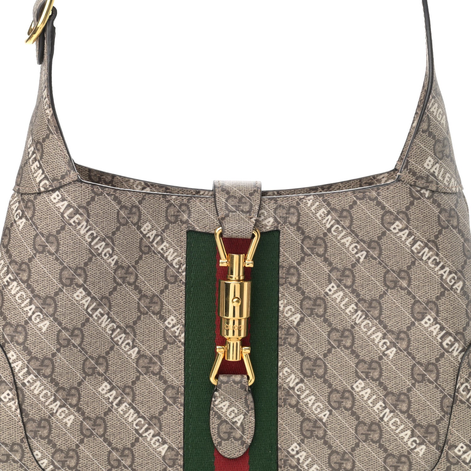 Gucci X BALENCIAGA GG Supreme Monogram Striped Logo Print Web Small Jackie 1961 Hobo Beige Ebony Mystic White 8 of 11