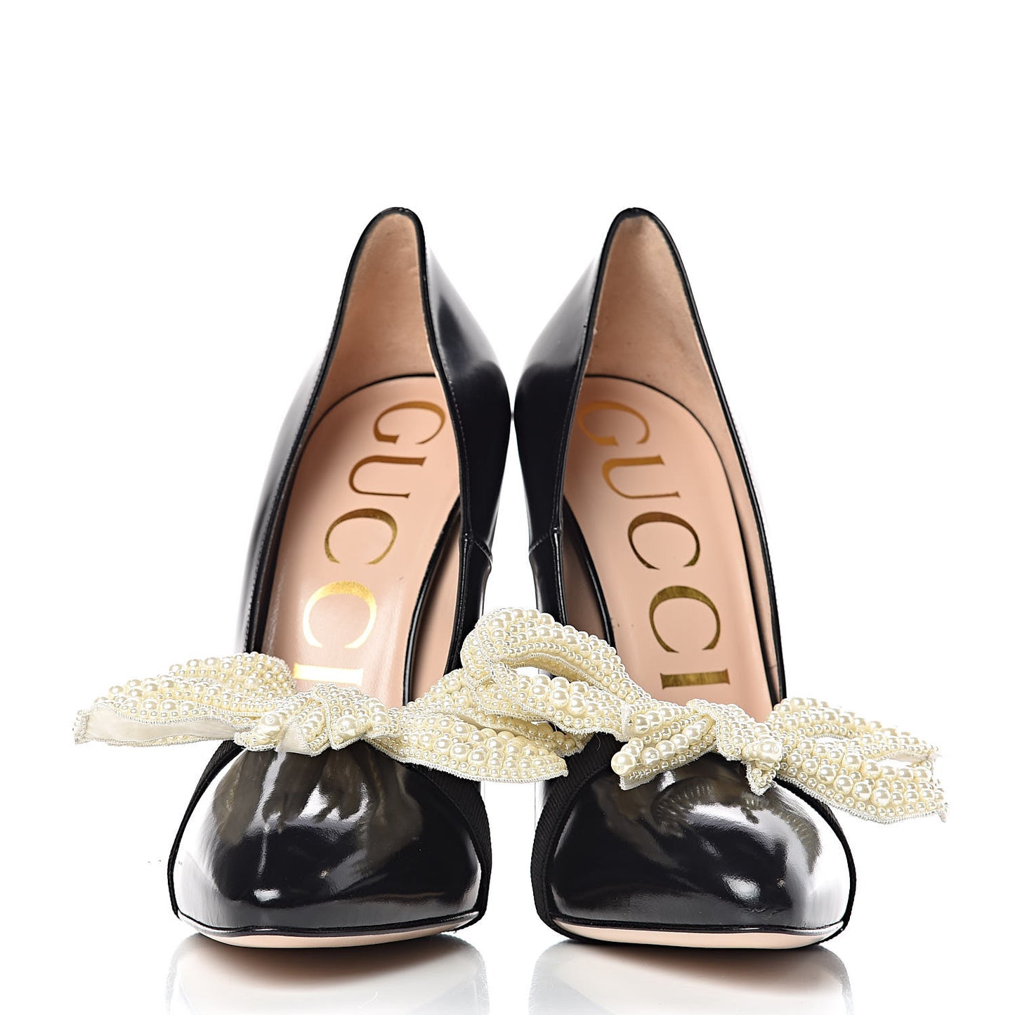 Polished Calfskin Removable Pearly Bow Elaisa Platform High Heel Pumps 38 Black
