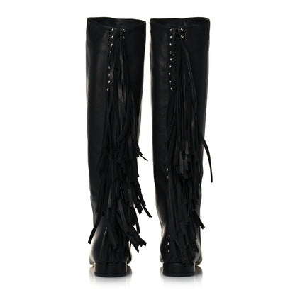 Saint Laurent Calfskin Dana Knee High Fringed Boots 36.5 Black 5 of 10