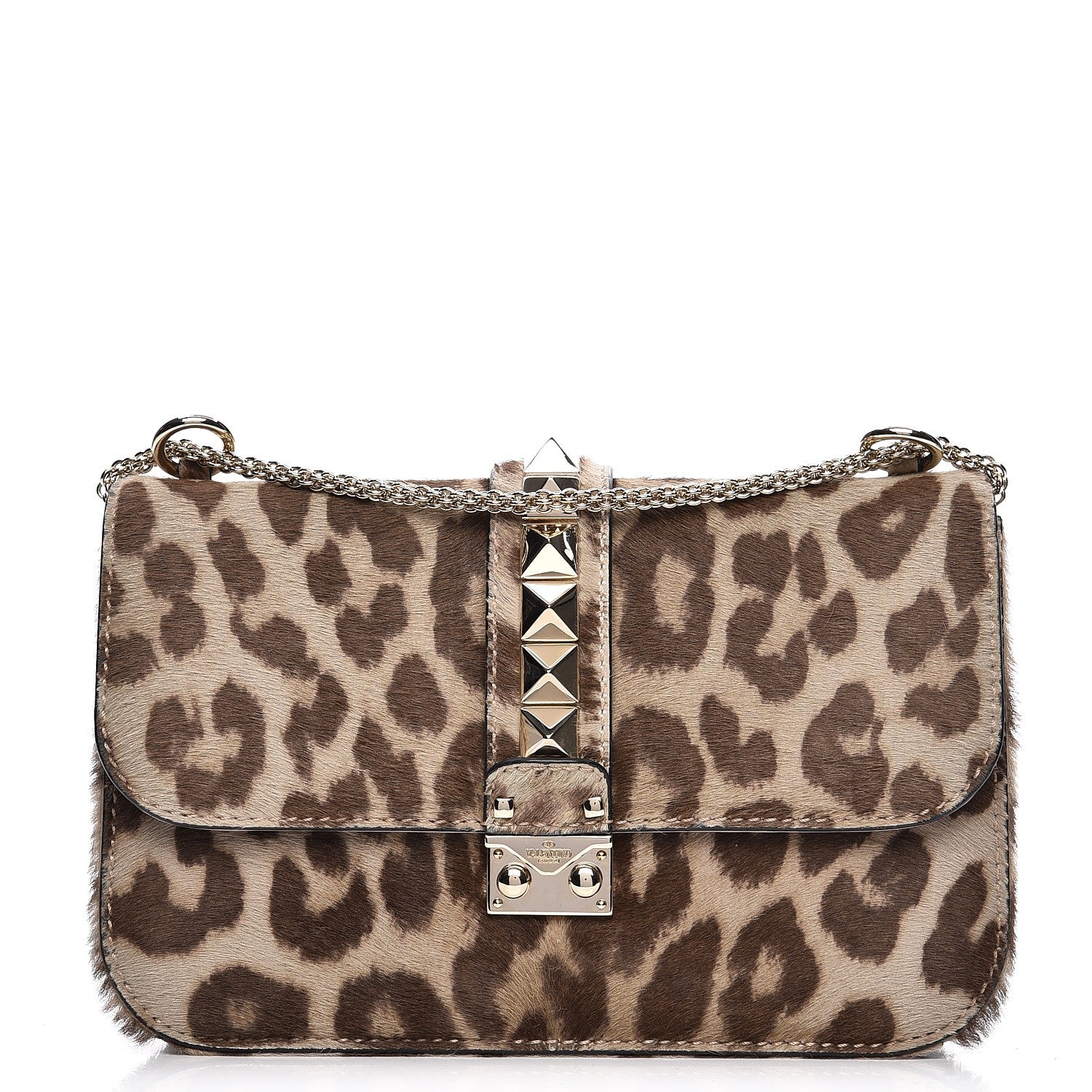 Valentino Garavani Calf Hair Leopard Print Medium Glam Lock Rockstud Flap Blush 1 of 6