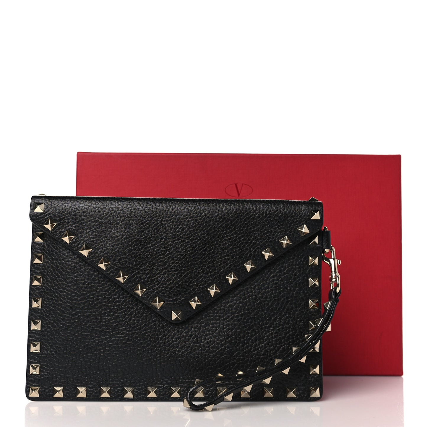 Pebbled Calfskin Rockstud Envelope Flat Wristlet Pouch Black