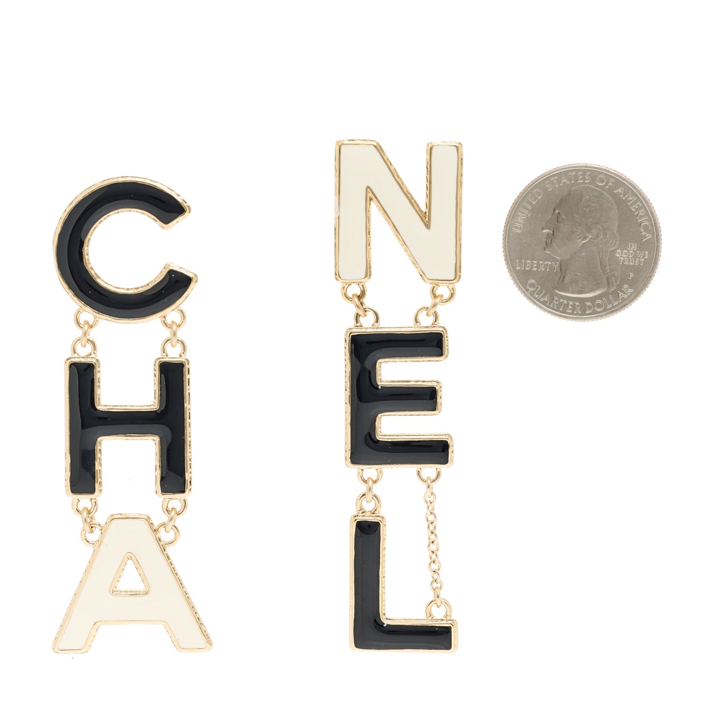 Metal Enamel Cha-Nel Logo Drop Earrings Black White