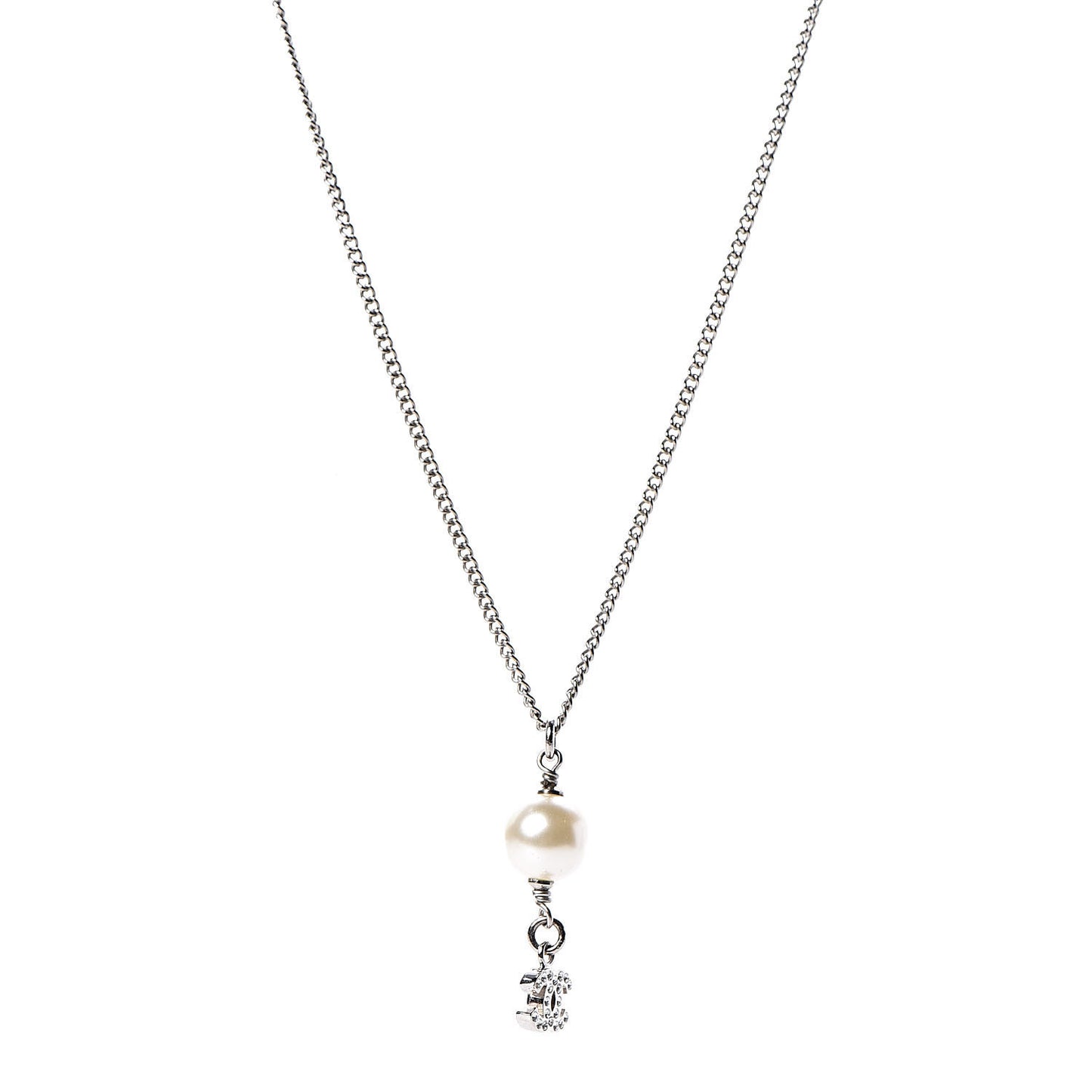 Pearl Crystal CC Drop Necklace Silver