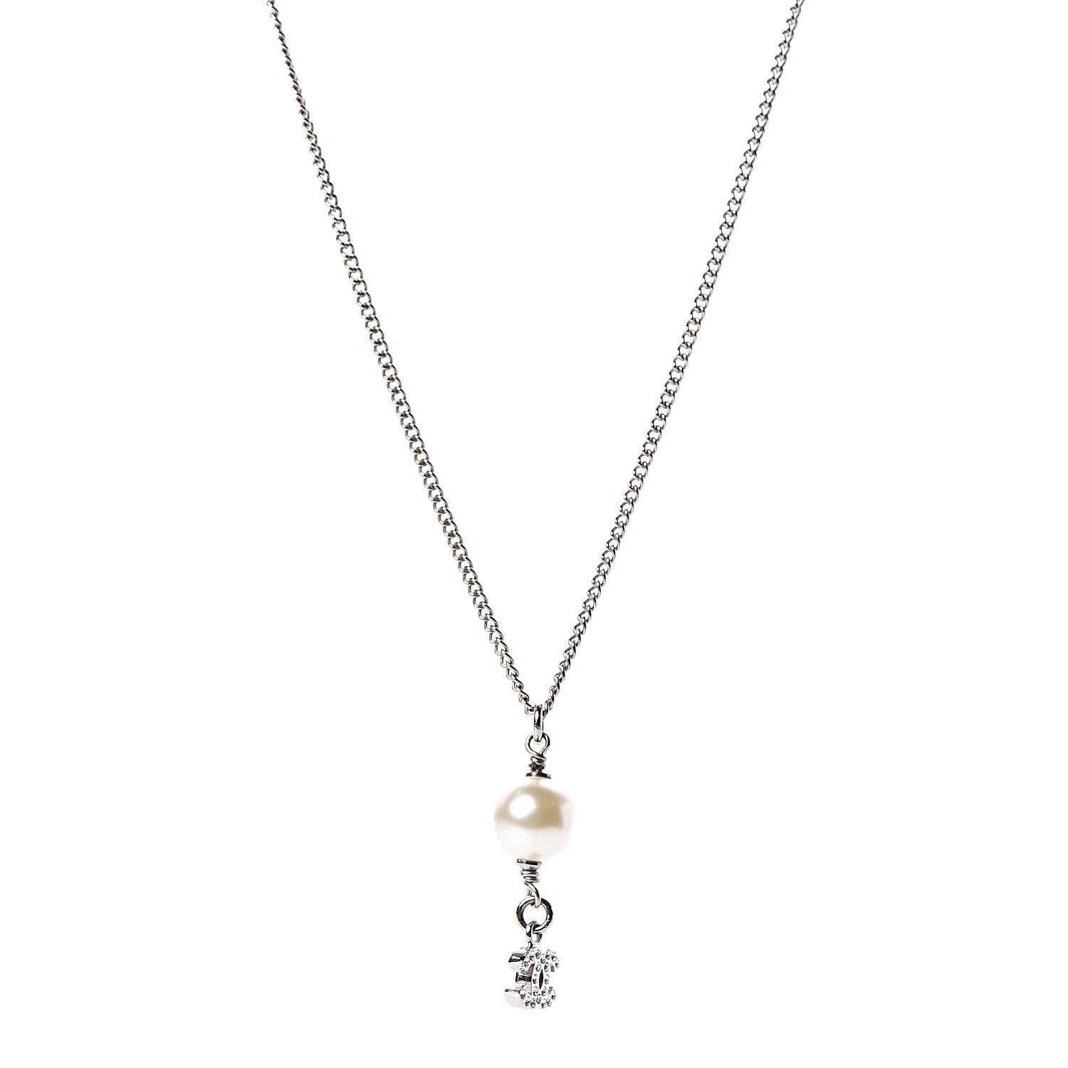 Chanel Pearl Crystal CC Drop Necklace Silver 1 of 4