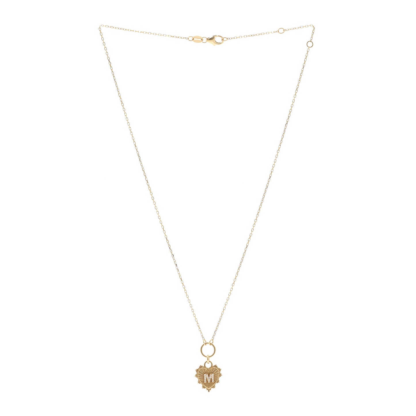 18K Yellow Gold Diamond Initial M Miniature Heart Drop Pendant Necklace