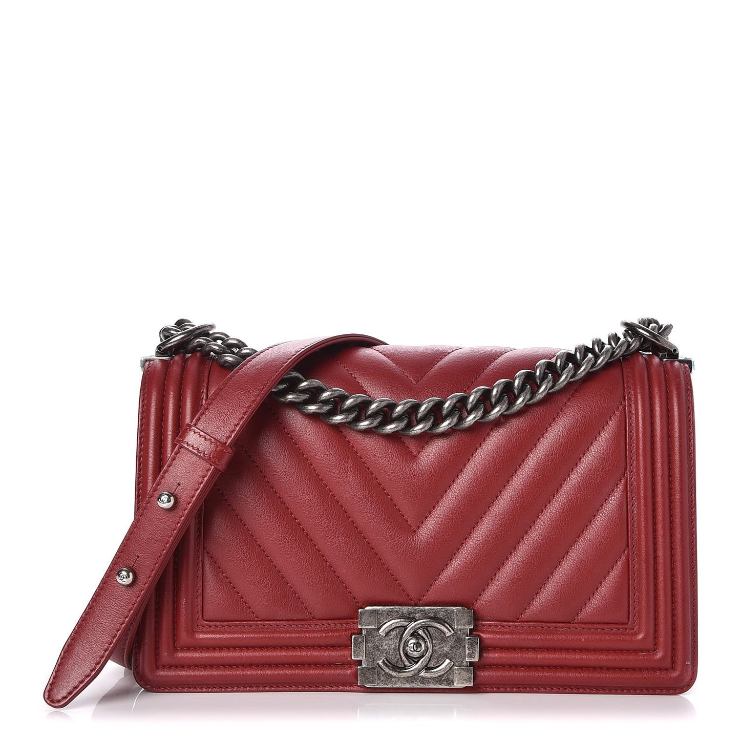 Calfskin Chevron Quilted Medium Boy Flap Dark Red