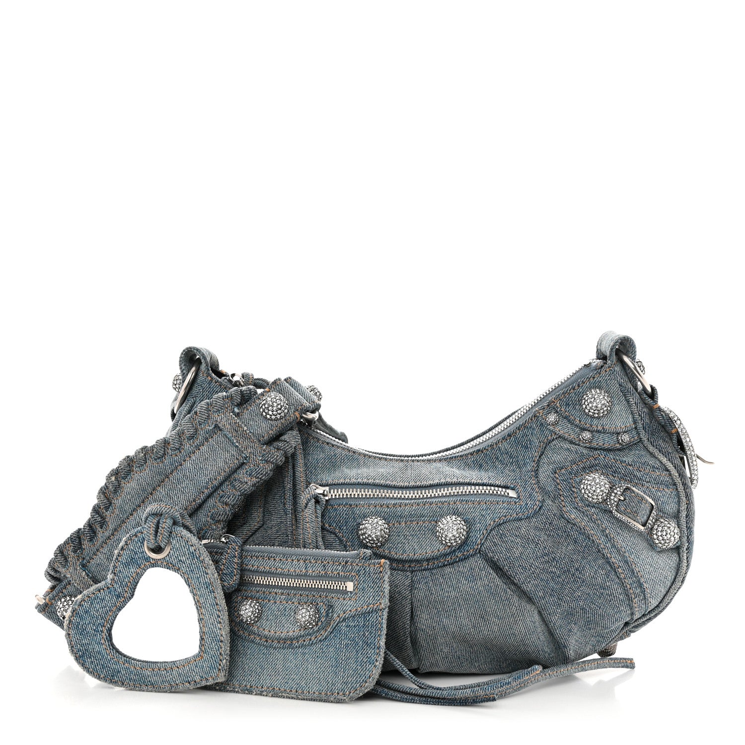 Balenciaga Washed Frayed Denim Crystal Small Le Cagole Shoulder Bag Blue 1 of 12