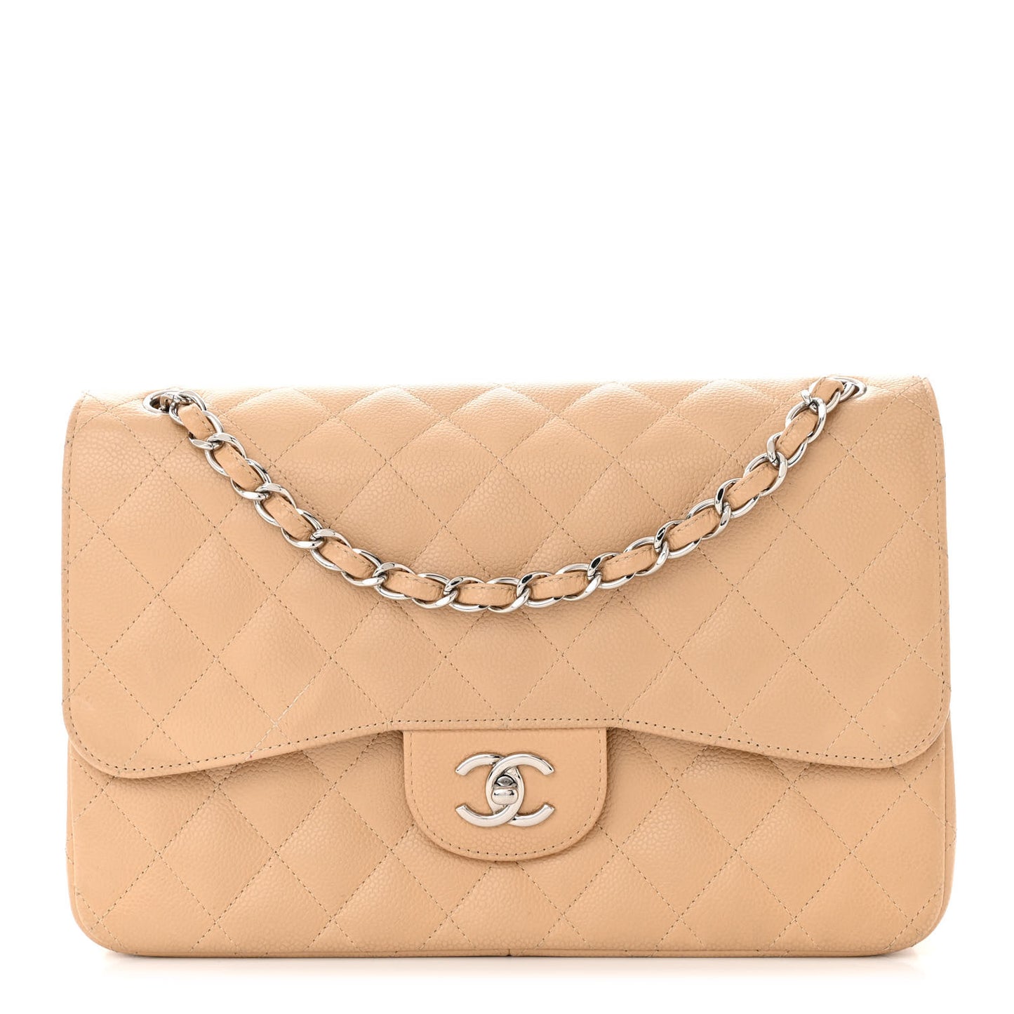 Caviar Quilted Jumbo Double Flap Beige