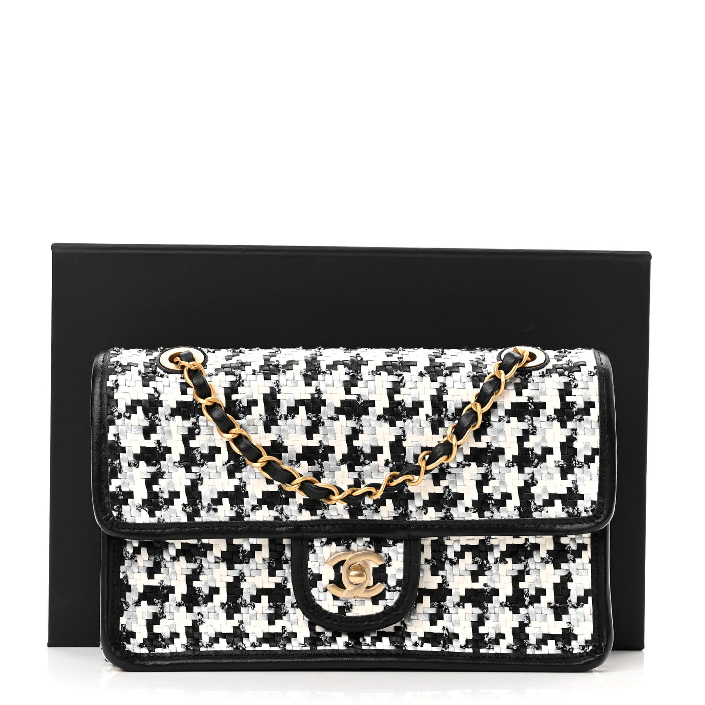 Metallic Lambskin Viscose Woven Flap Silver Black