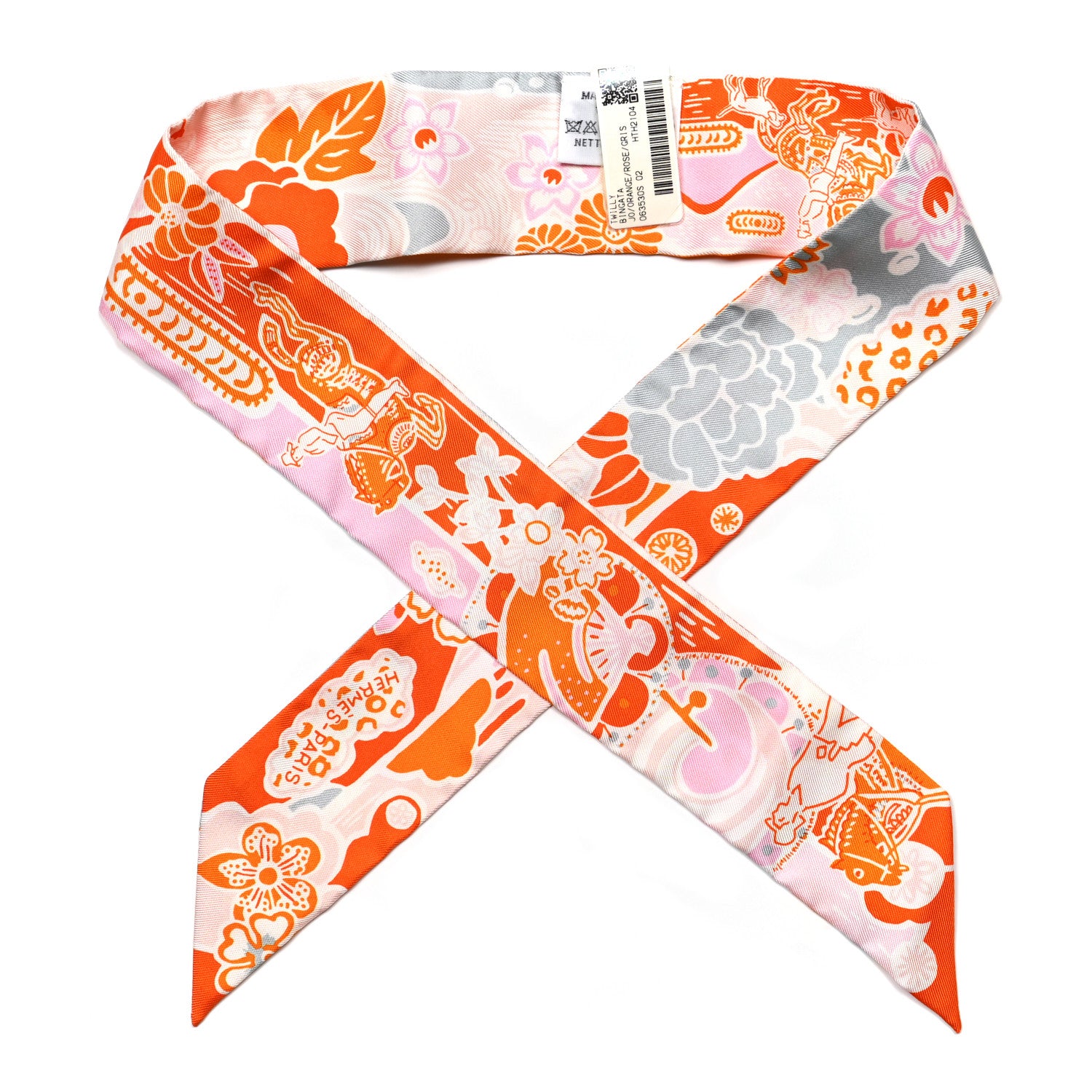 Hermes Silk Bingata Twilly Orange Rose Gris 1 of 5