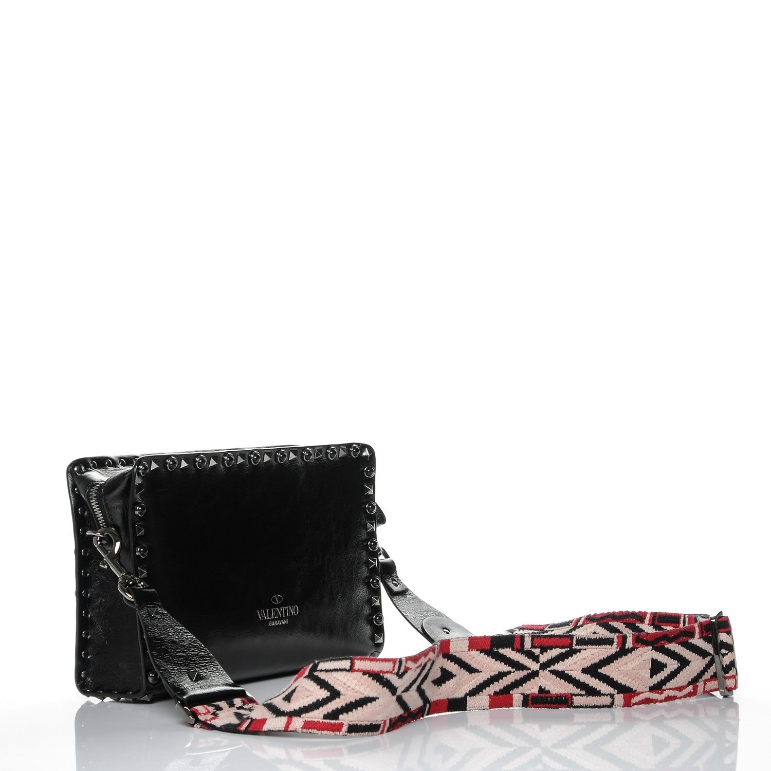 Valentino Garavani Craquele Calfskin Small Guitar Strap Rockstud Rolling Flap Pocket Shoulder Bag Black 3 of 6