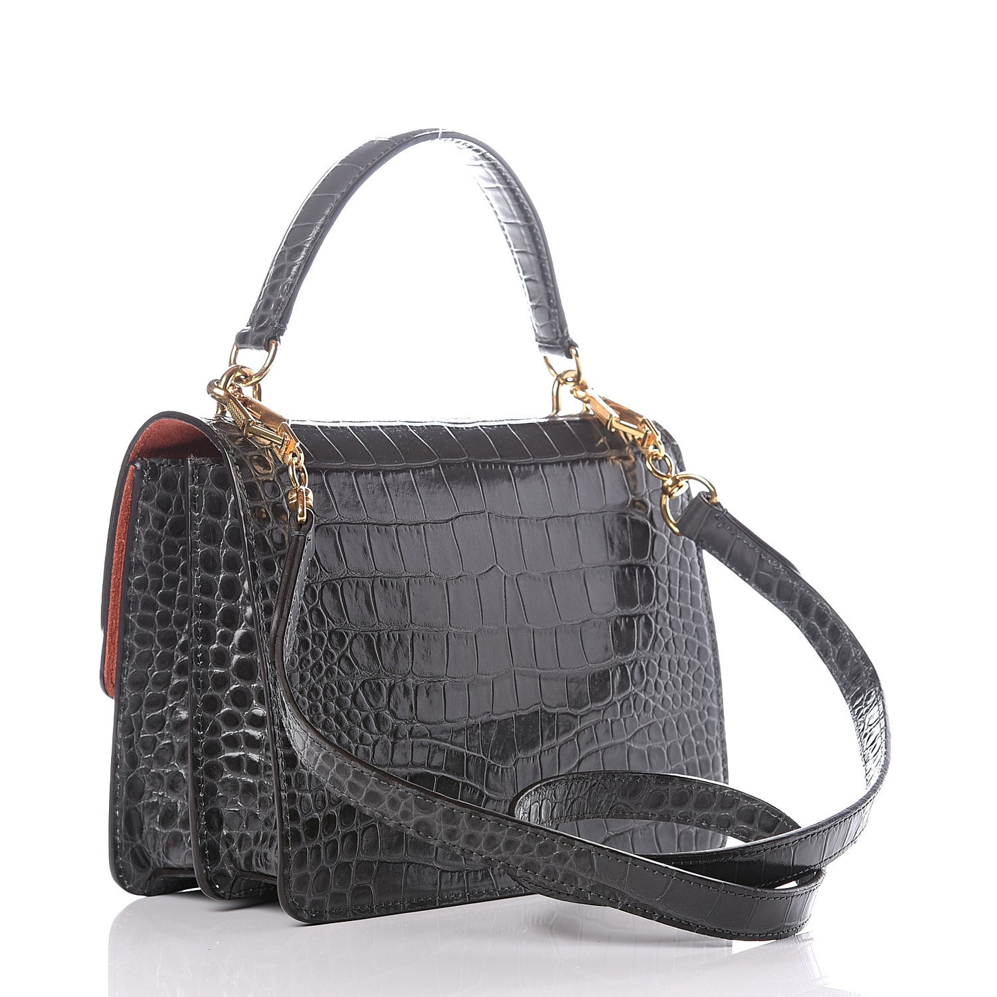 Calfskin Crocodile Embossed Medium Harlow Satchel Dark Grey