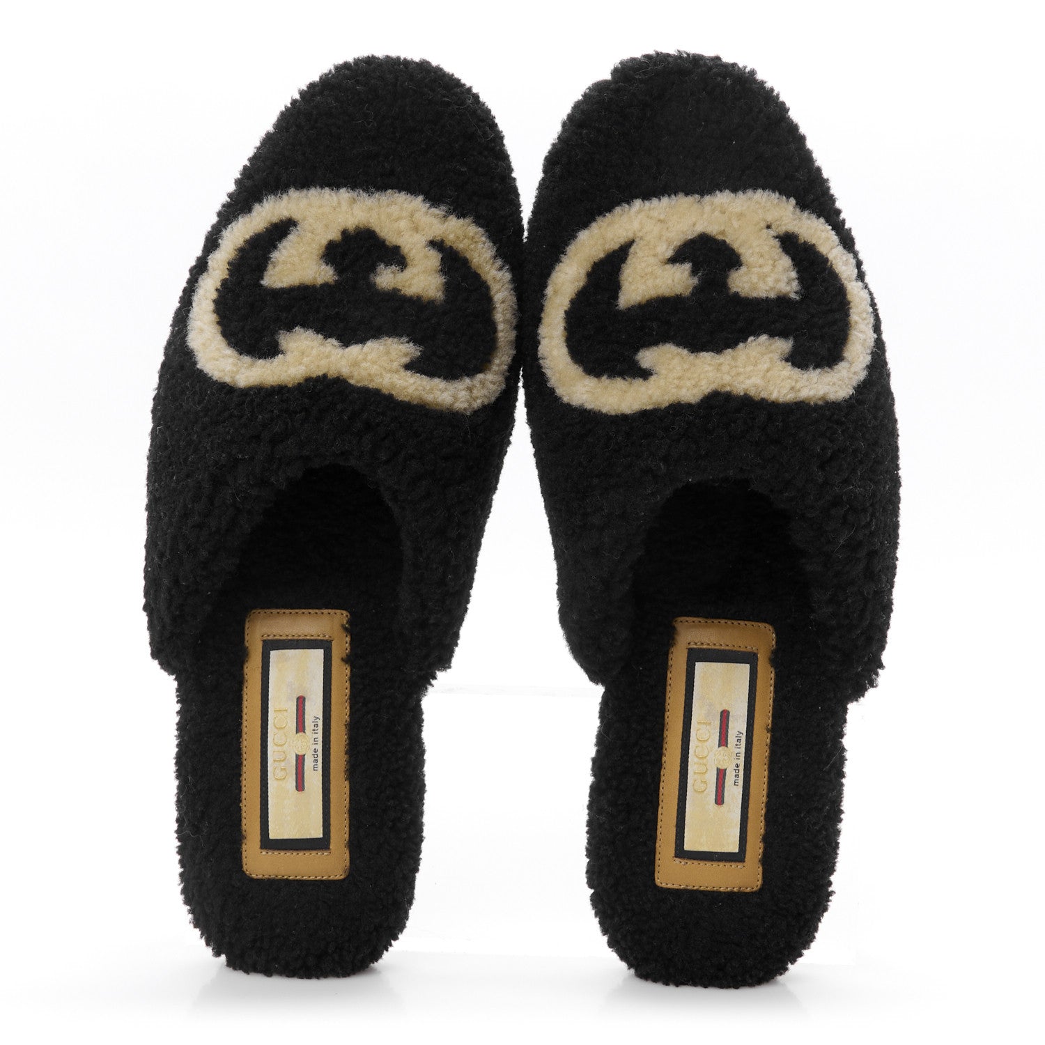 Gucci Shearling Interlocking G Mens Eileen Slippers 8 Black Butterscotch 2 of 9