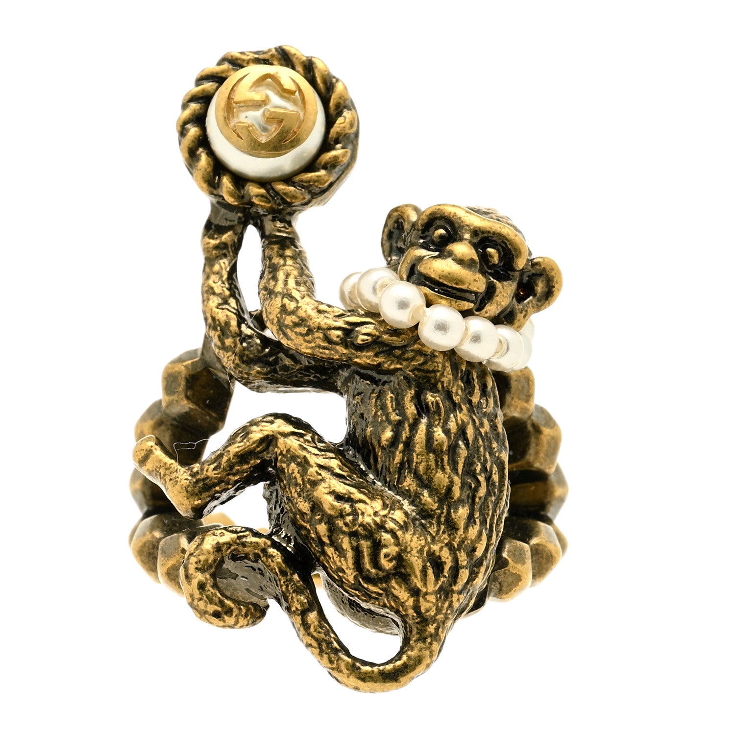 Gucci Metal Pearl Monkey Ring 50 5.25 Aged Gold 1 of 4