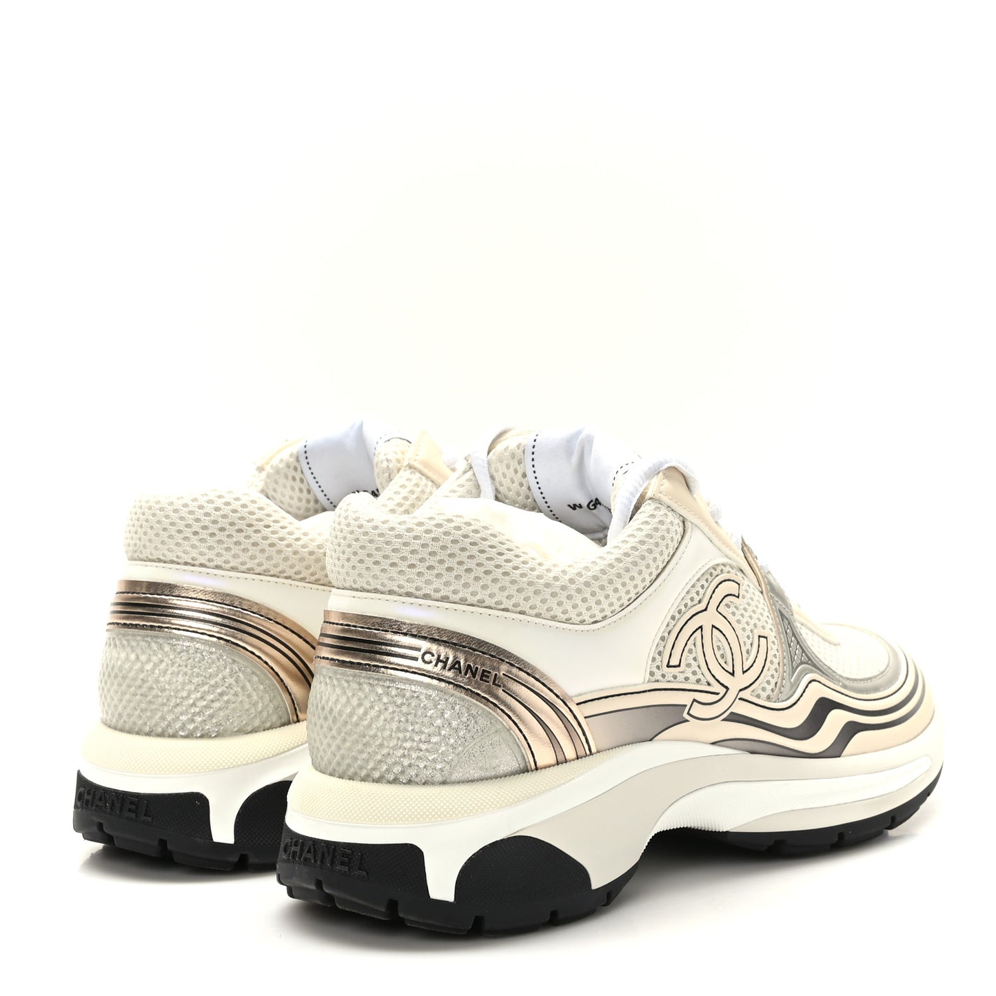 Fabric Laminated Calfskin Stretch CC Womens Sneakers 38 Ivory White Silver