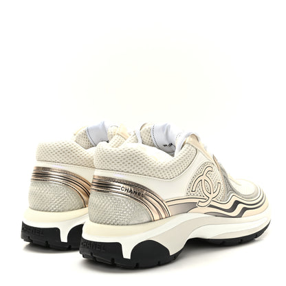 Chanel Fabric Laminated Calfskin Stretch CC Womens Sneakers 38 Ivory White Silver 4 of 8