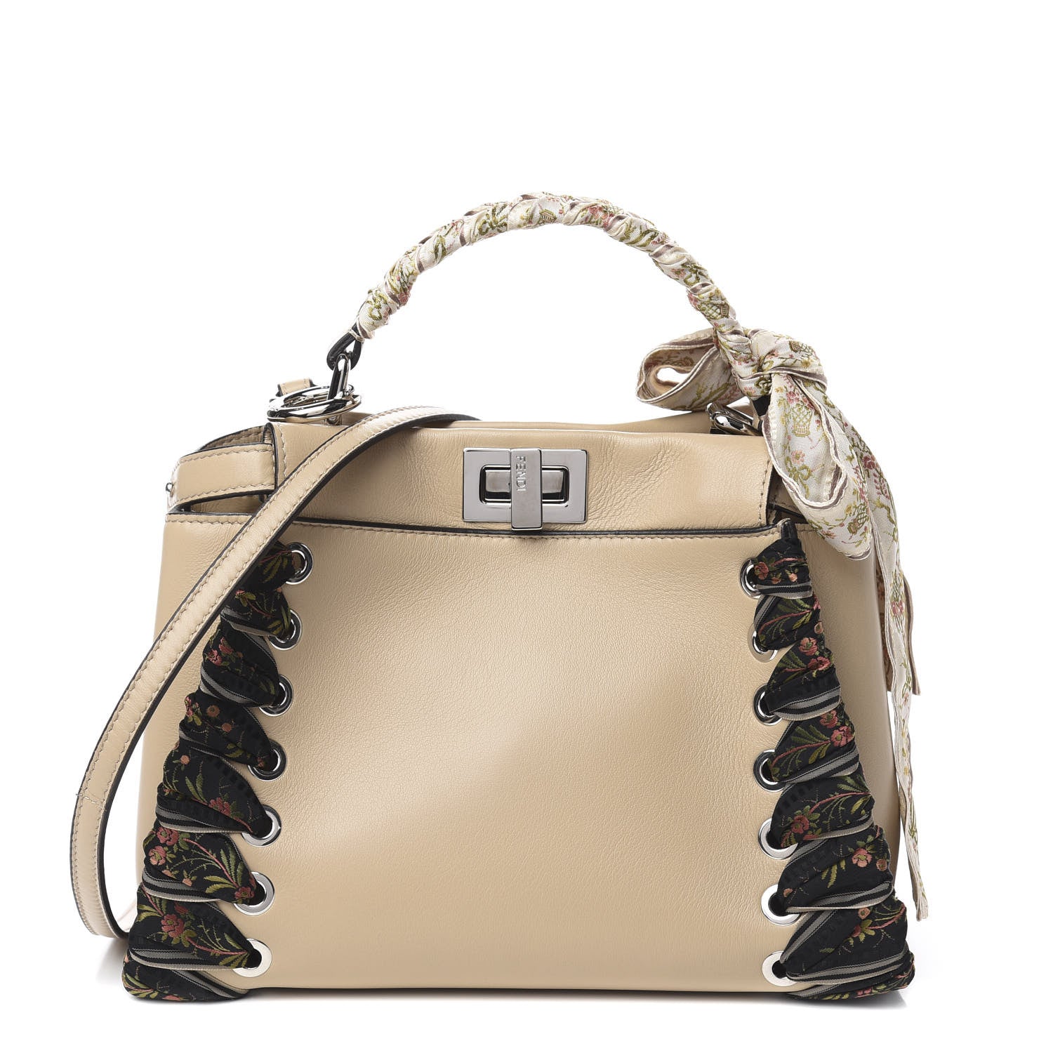Fendi Nappa Ribbon Lace Up Mini Peekaboo Iconic Satchel Beige 1 of 12