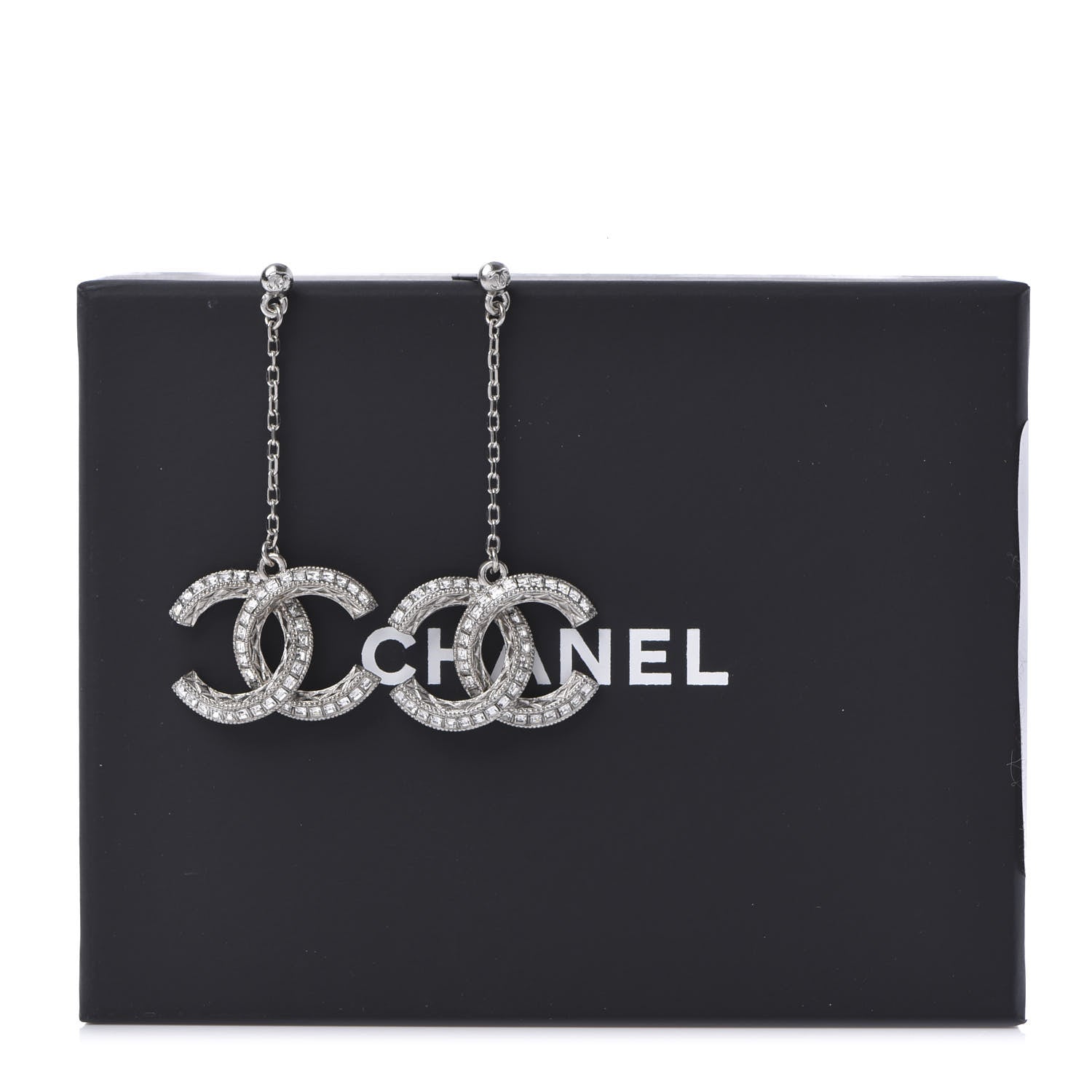 Chanel Baguette Crystal CC Drop Earrings Silver 5 of 5