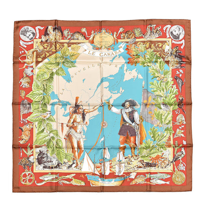 Hermes Silk Canada Scarf 90 Tabac Brique Bleu 1 of 4