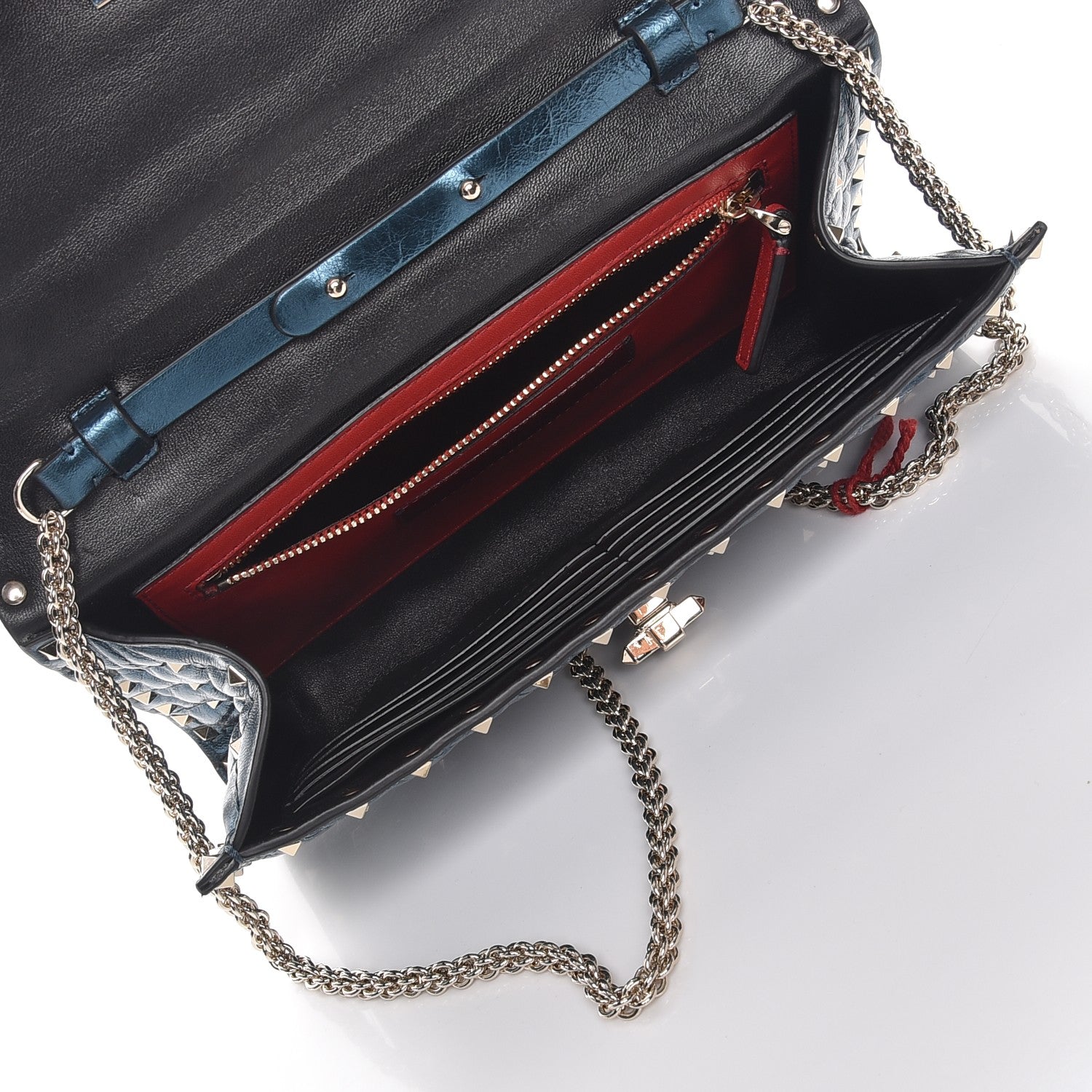 Valentino Garavani Metallic Wrinkled Lambskin Rockstud Spike Wallet On Chain Peacock 5 of 7