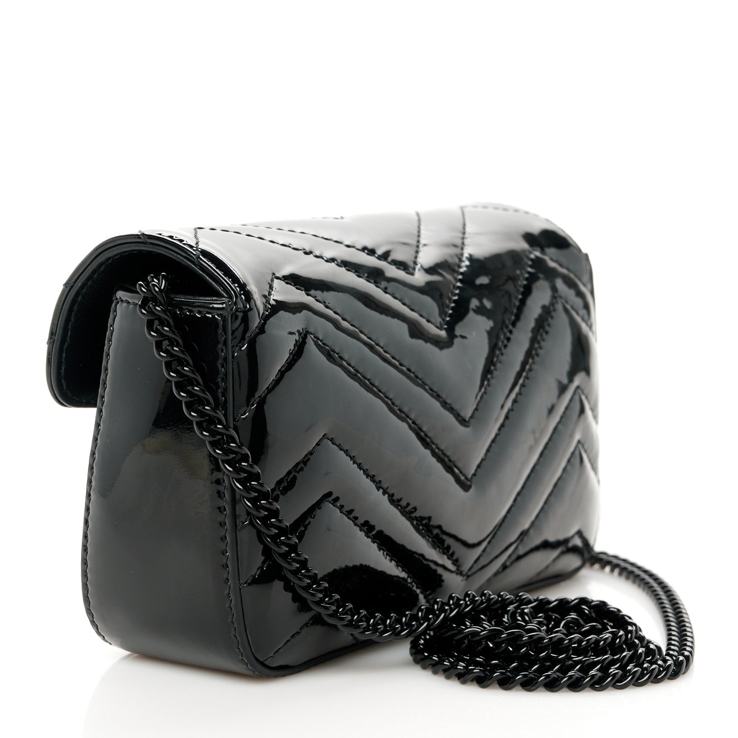 Patent Lambskin Enamel Matelasse Monochrome Super Mini GG Marmont Shoulder Bag Black