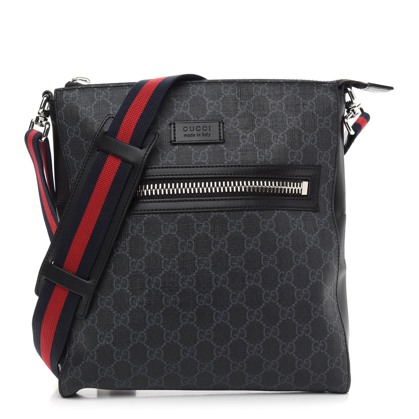 GG Supreme Monogram Appia Calfskin Web Flat Messenger Bag Black Grey