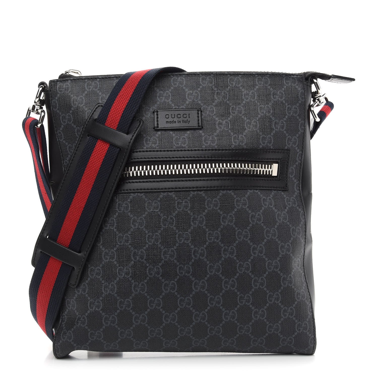 Gucci GG Supreme Monogram Appia Calfskin Web Flat Messenger Bag Black Grey 1 of 10